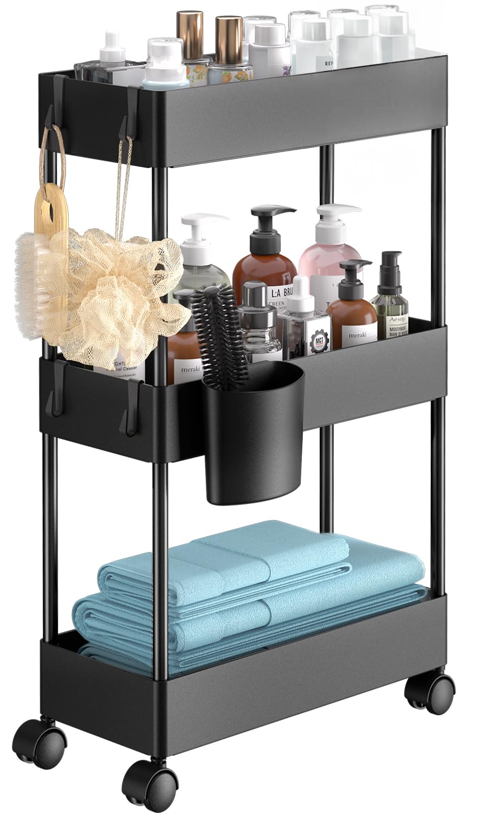 Pipishell Slim Storage Cart with Wheels - 3 Tier Bathroom Organizers and Storage Cart - Rolling Carts for Bathroom, Kitchen, Narrow Space, Laundry Room,Black