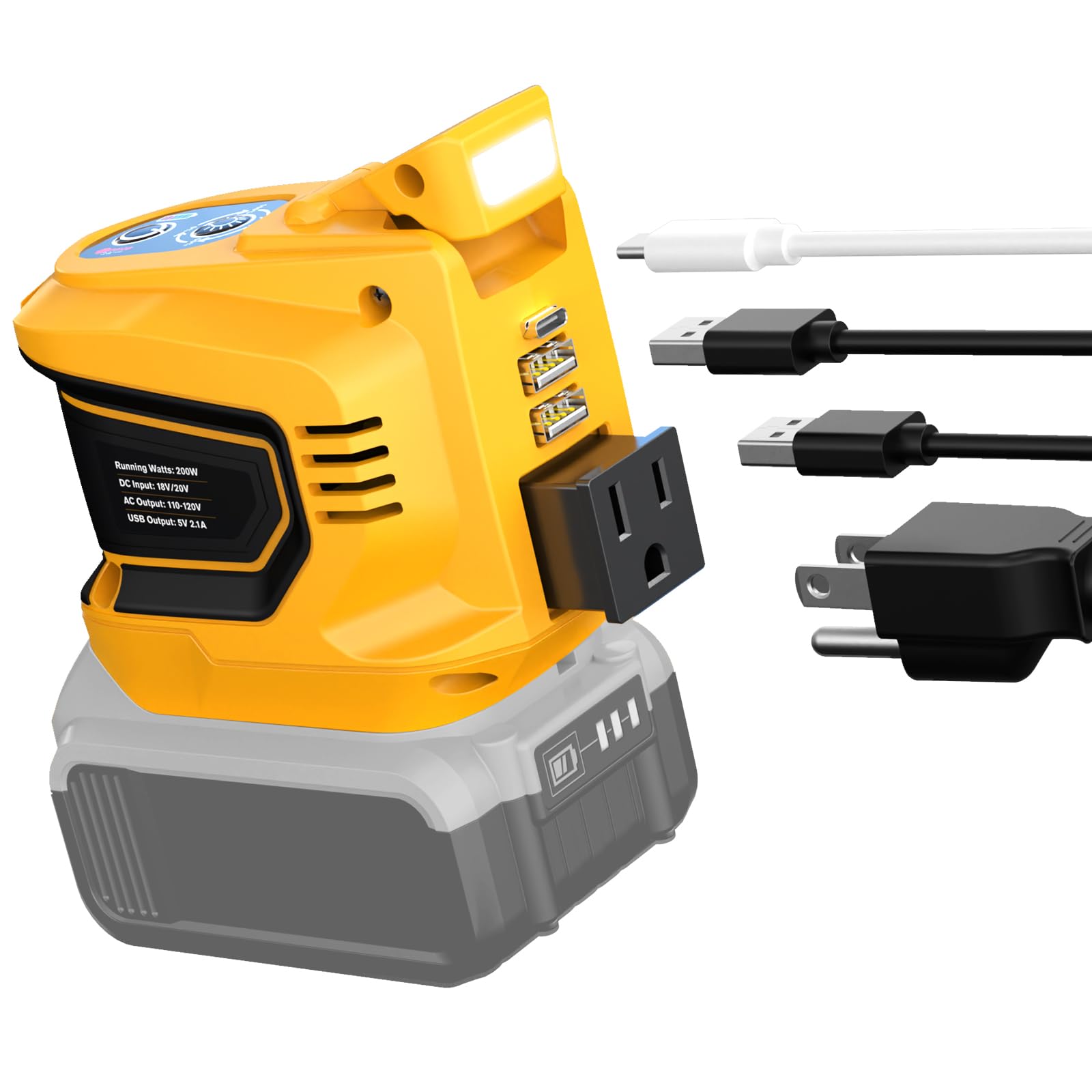 200W tragbarer Spannungswandler für DeWALT 20V, Ecarke Outdoor-Generator Batteriewandler mit 2 USB-Anschlüssen & LED & AC-Steckdose, wandelt DC 18V/20V in AC 110V-120V tragbare Power Station (nur Gerät)