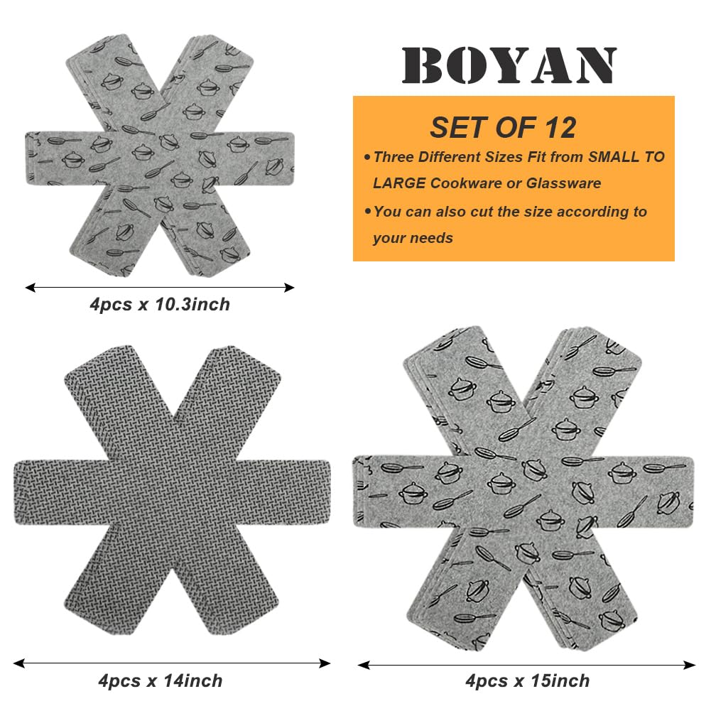 BOYAN Pot and Pan Protectors, Set of 12 and 3 Different Size, Cookware Protector Set/Felt Pots and Pans Divider Separator Pads Anti-Slip to Avoid Scratching or Marring When Stacking