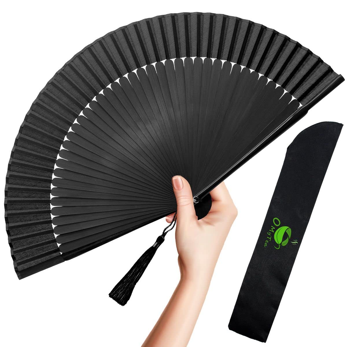 OMyTea Faltbarer Handfächer für Damen – Faltbarer chinesischer japanischer Vintage Bambus-Seidenfächer – für Hitzewallungen, Kirche, Dekoration, EDM, Musikfestival, Tanz, Party, Auftritt, Geschenk (Einfarbig Sexy Schwarz)