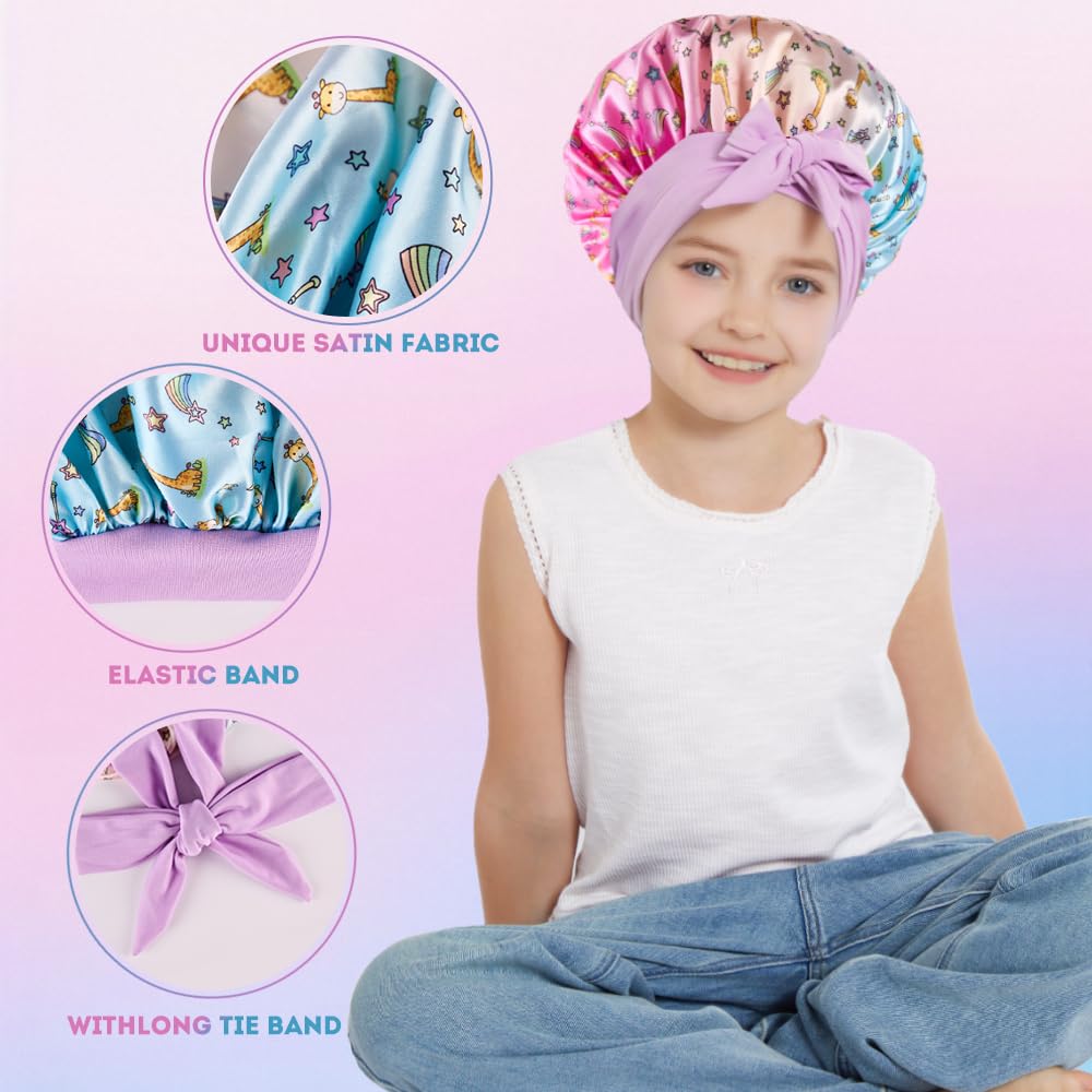 3 PCS Kids Bonnets for Girls,Kids Hair Bonnet,Silk Bonnet for Kid Sleeping,Cute Printed Silk lace up Children's Nightcap,A Sleeping Cap Suitable for Teenagers and Young Children