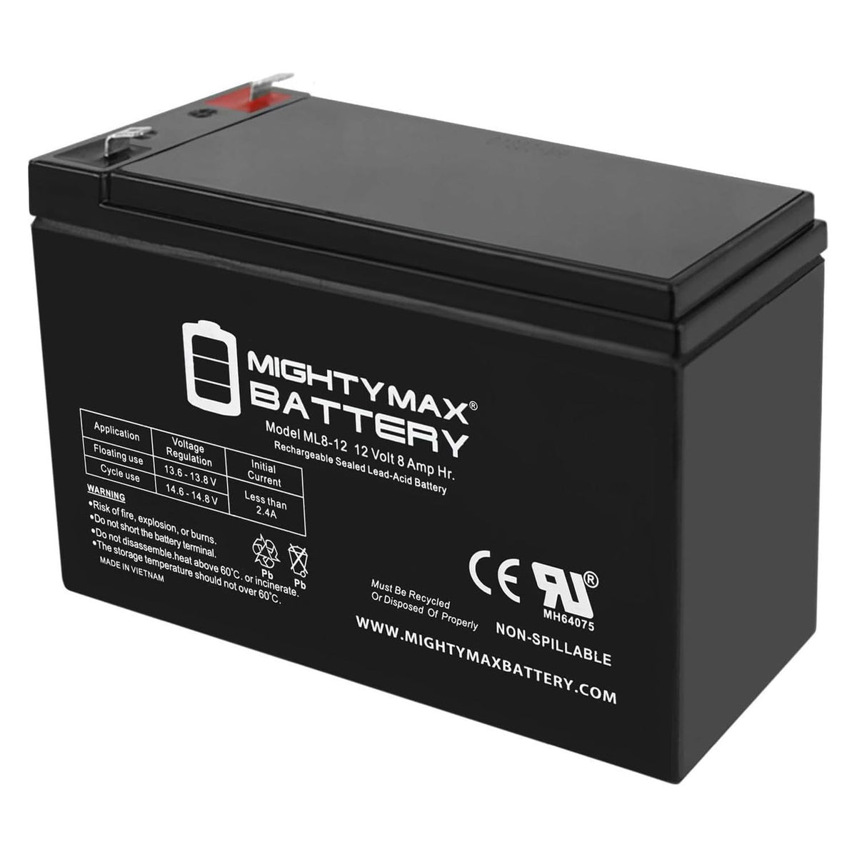 ML8-12 - 12 Volt 8 AH, F1 Terminal, Rechargeable SLA AGM Battery