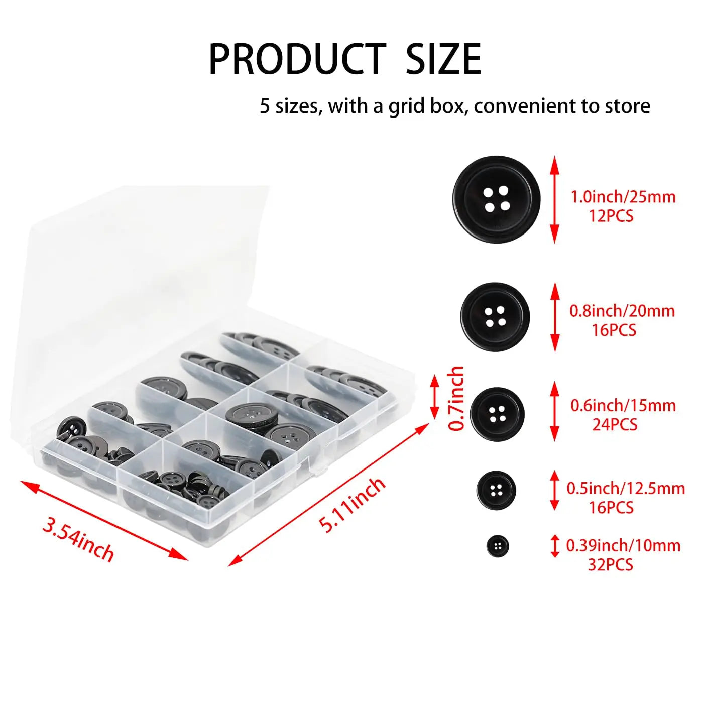 Lilaly 100 pcs Black Buttons for Crafts, 5 Sizes Mixed Round Sewing Buttons for Clothes, Suitable for for DIY Crafts, Coats, Shirts, Pants, Shorts