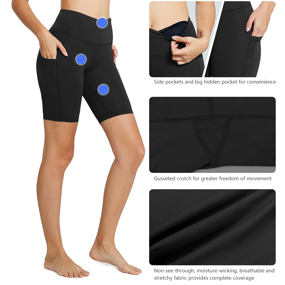 baleaf Shorts for Women Biker Workout Yoga Gym Spandex Running Volleyball Tummy Control Compression with Pockets 8" Black L