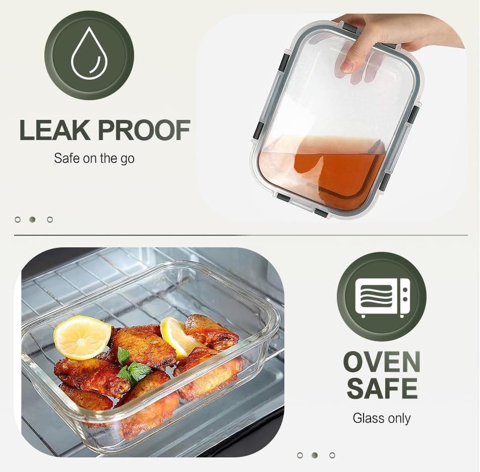 KOMUEE 10 Packs 30 oz Glass Meal Prep Containers,Glass Food Storage Containers with Lids,Airtight Lunch Bento Boxes,Microwave,Freezer and Dishwasher,Gray