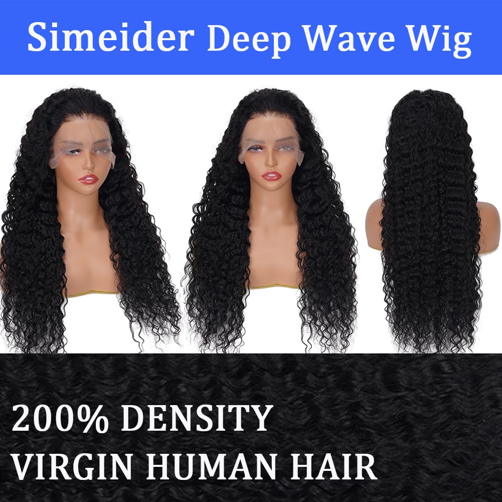 Simeider 30 Inch Deep Wave Lace Front Wigs Human Hair 13x6 HD Lace Front Wigs Human Hair Pre Plucked Brazilian Curly Human Hair Wig 200 Density Glueless Frontal Wigs For Black Women