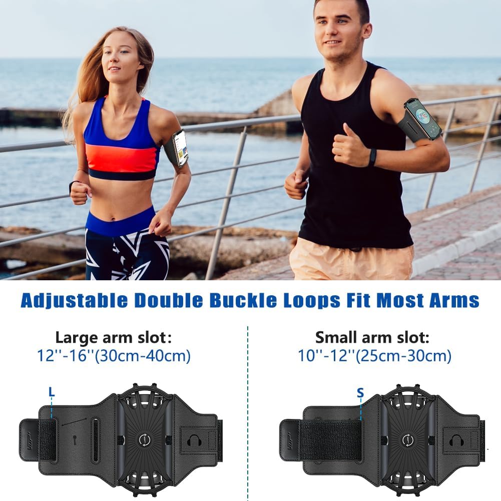 VUP Running Armband 360°Rotatable for iPhone 16/15/14/13/Pro Max/Pro/Mini/12/11/SE/Xs/XR/X/8/7/Plus, Fits All 4-6.7 Inch Smartphones, with Key Holder Phone Armband for Running Hiking Biking (Black)