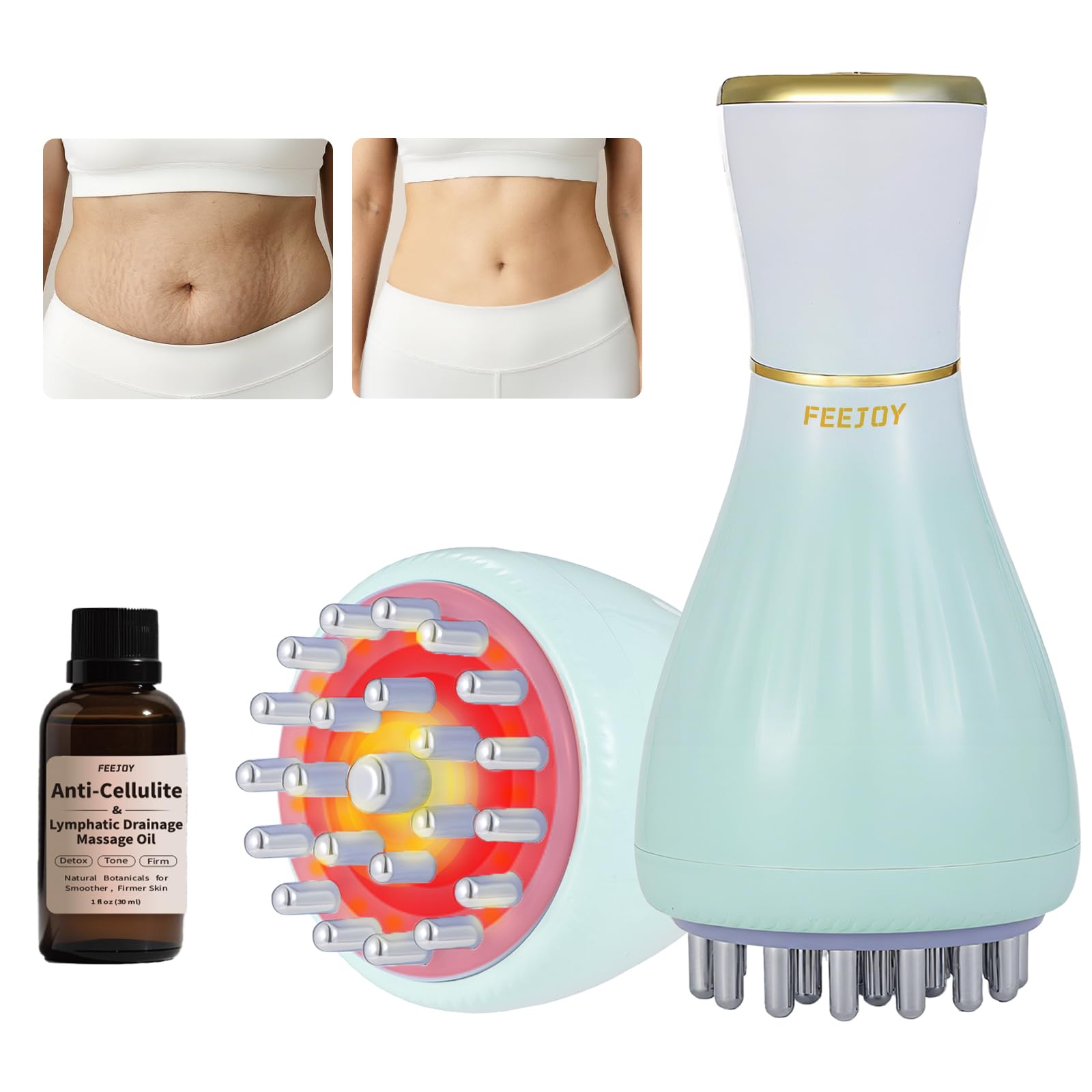 FEEJOY Lymphdrainage-Massagegerät & Massagetool mit Cellulite-Öl, Body Sculpting Machine & Faszien-Blaster für Cellulite mit Mikrostrom, Licht, Wärme & Vibration, für Beine, Arme & Bauch