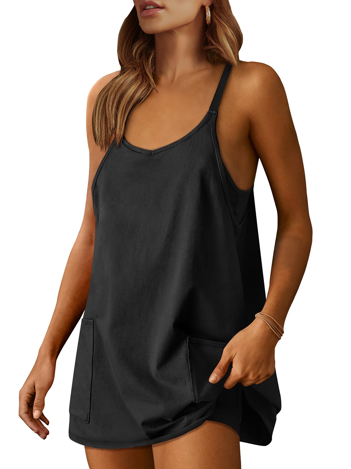ANRABESS Damen Sportkleid Sommer Tennis Training Aktiv Sport Mini Overall Kleid mit integrierten Shorts Reise Urlaub Kleidung Schwarz Groß