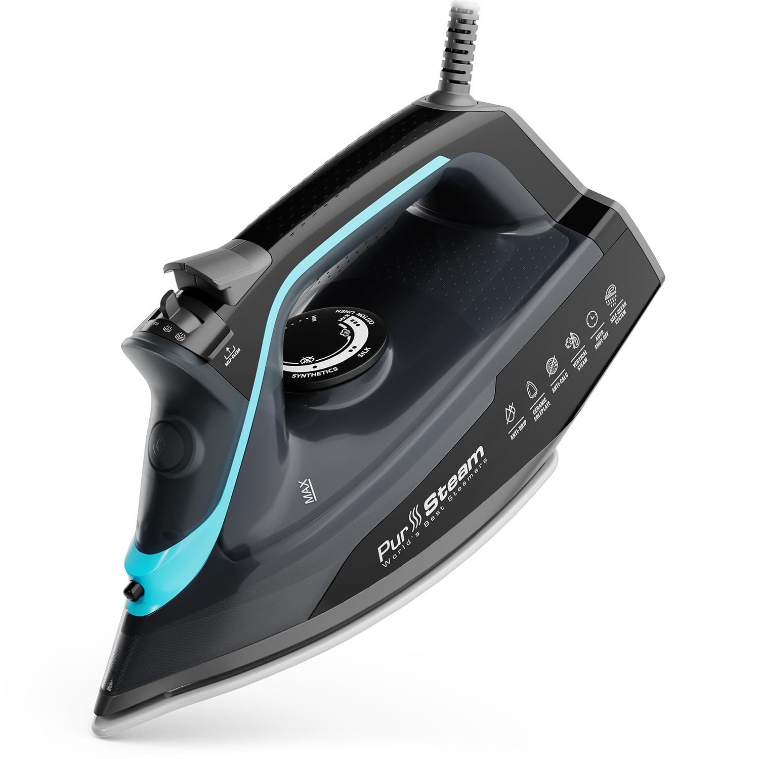 Pursteam SteamBurst+ 1750W Dampfbügeleisen, Keramik-Bügelsohle, Einstellbarer Dampf, Dampfstoß, Selbstreinigung, Anti-Kalk, Anti-Tropf, Kraftvoller & Langanhaltender Dampf für alle Stoffe