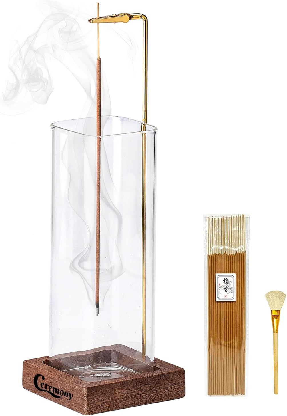 Zeremonie-Räucherstäbchenhalter, Räucherstäbchenhalter aus Holz für Sticks mit Aschenfänger aus Glas, Räucherstäbchenbrenner mit 20 Räucherstäbchen und einer Aschebürste für Meditation, Yoga, Spa, Raumdekor