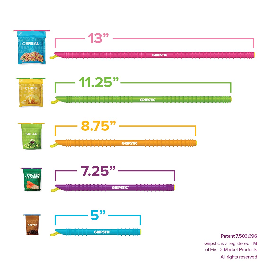 GripStic 12pc Assorted Bag Clips. Durable and reusable chip clips seal food bags air tight. Set includes: (2) 5" Blue, (3) 7.25" Purple, (3) 8.75" Orange, (3) 11.25" Green, (1) 13" Pink.
