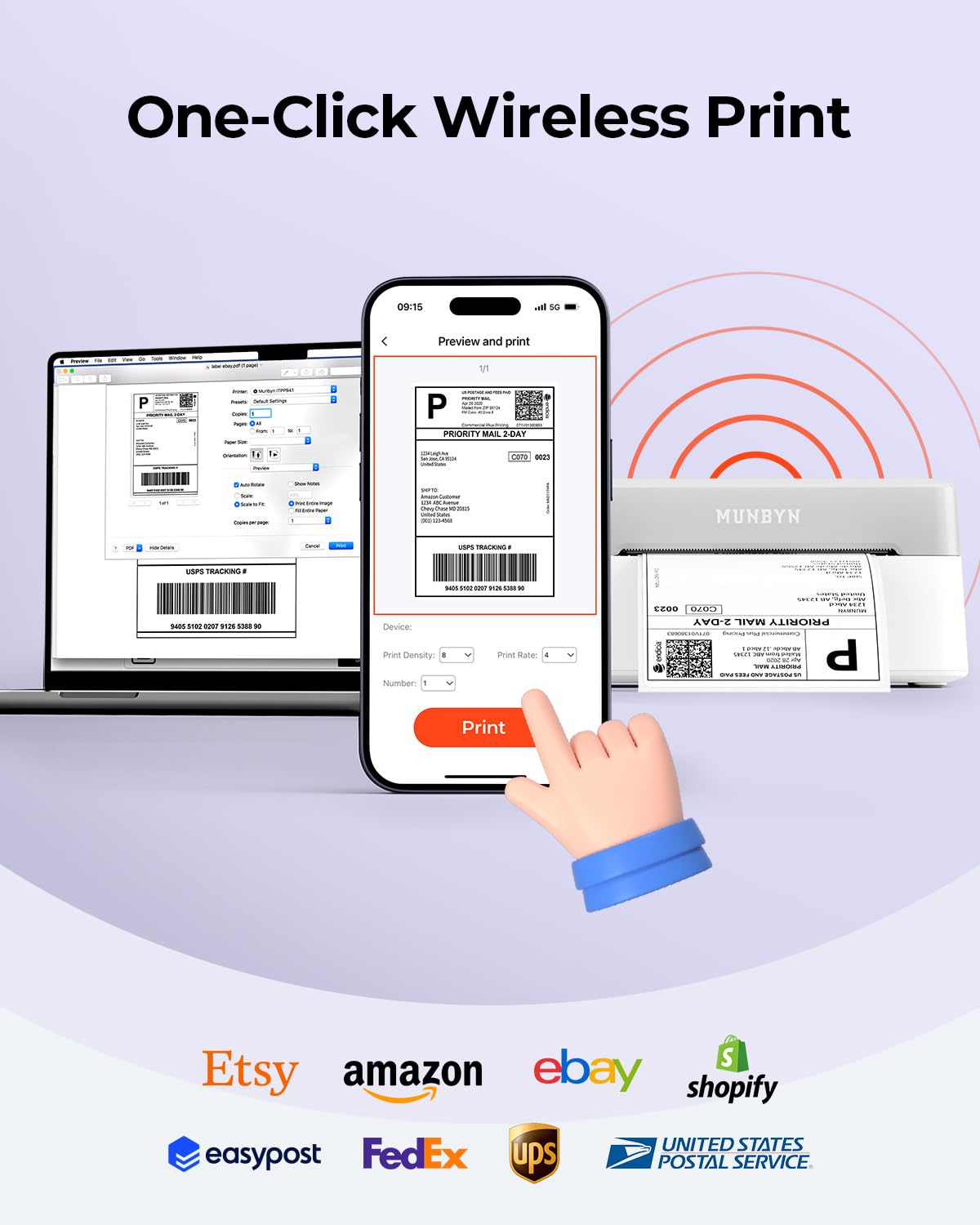 MUNBYN Bluetooth Thermal Label Printer RW403B, Wireless 4x6 Shipping Label Printer for Small Business, Compatible with Android, iPhone, Windows, Mac, Chromebook, Print Width 1.57"-4.25"