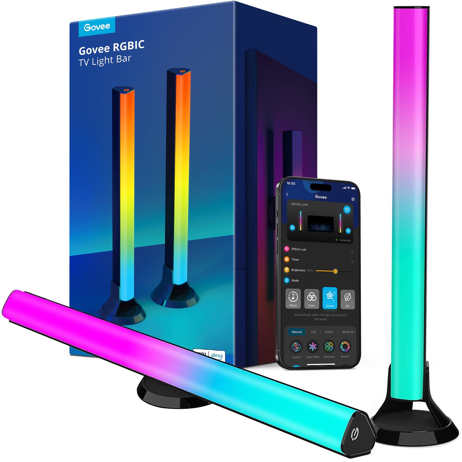 Govee RGBIC Light Bars, 15 Zoll WLAN TV Hintergrundbeleuchtung geeignet für 45-70 Zoll Fernseher, Smarte Lichtleisten mit verschiedenen Platzierungsoptionen, kompatibel mit Alexa und Google Assistant, Schwarz