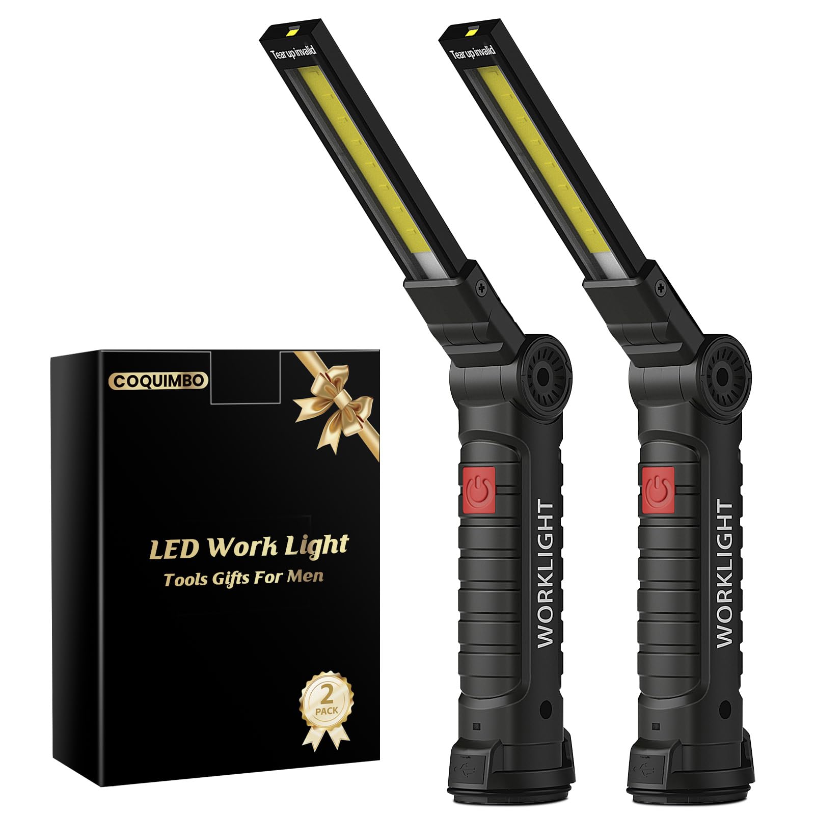 Coquimbo Tool Gifts for Men Dad Him Husband, Rechargeable LED Work Light BBQ Grill Light Accessories with Magnetic Base, 360° Rotate Mechanic Flashlight Stocking Stuffers for Men Adults (2 Pack Black)