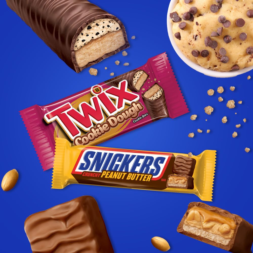 Mars M&M'S Peanut, M&M'S Caramel, SNICKERS Original, SNICKERS Peanut Butter Squared, TWIX Original and TWIX Cookie Dough Variety Pack Full Size Individually Wrapped Milk Chocolate Candy Bars, 18 Ct