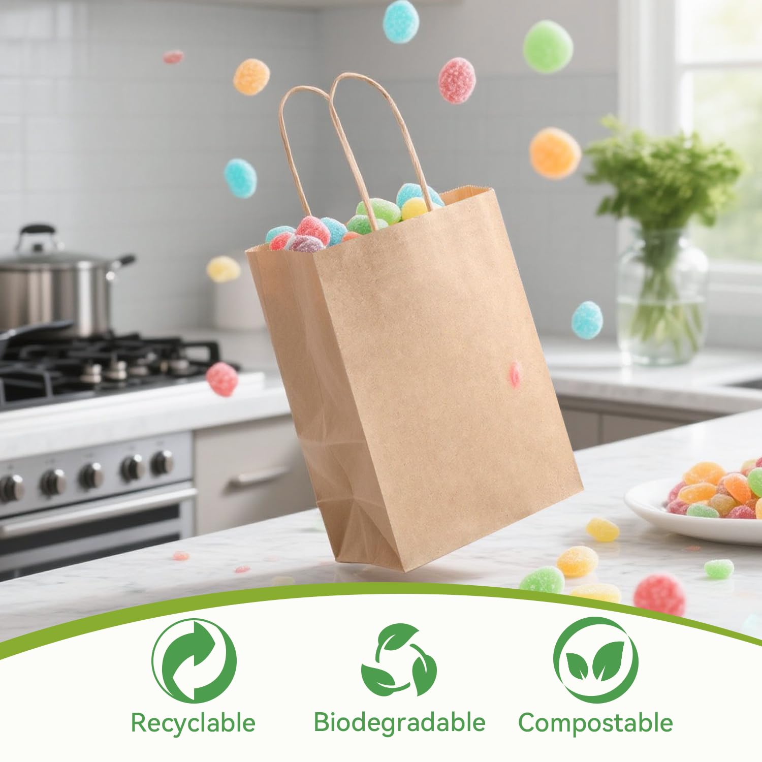 Brothersbox Small Brown Paper Bags with Handles 100PCS, 5.25 * 3.25 * 8 Inch Kraft Gift Bags Bulk for Craft Shopping Business Party Favor Retail Birthday Grocery