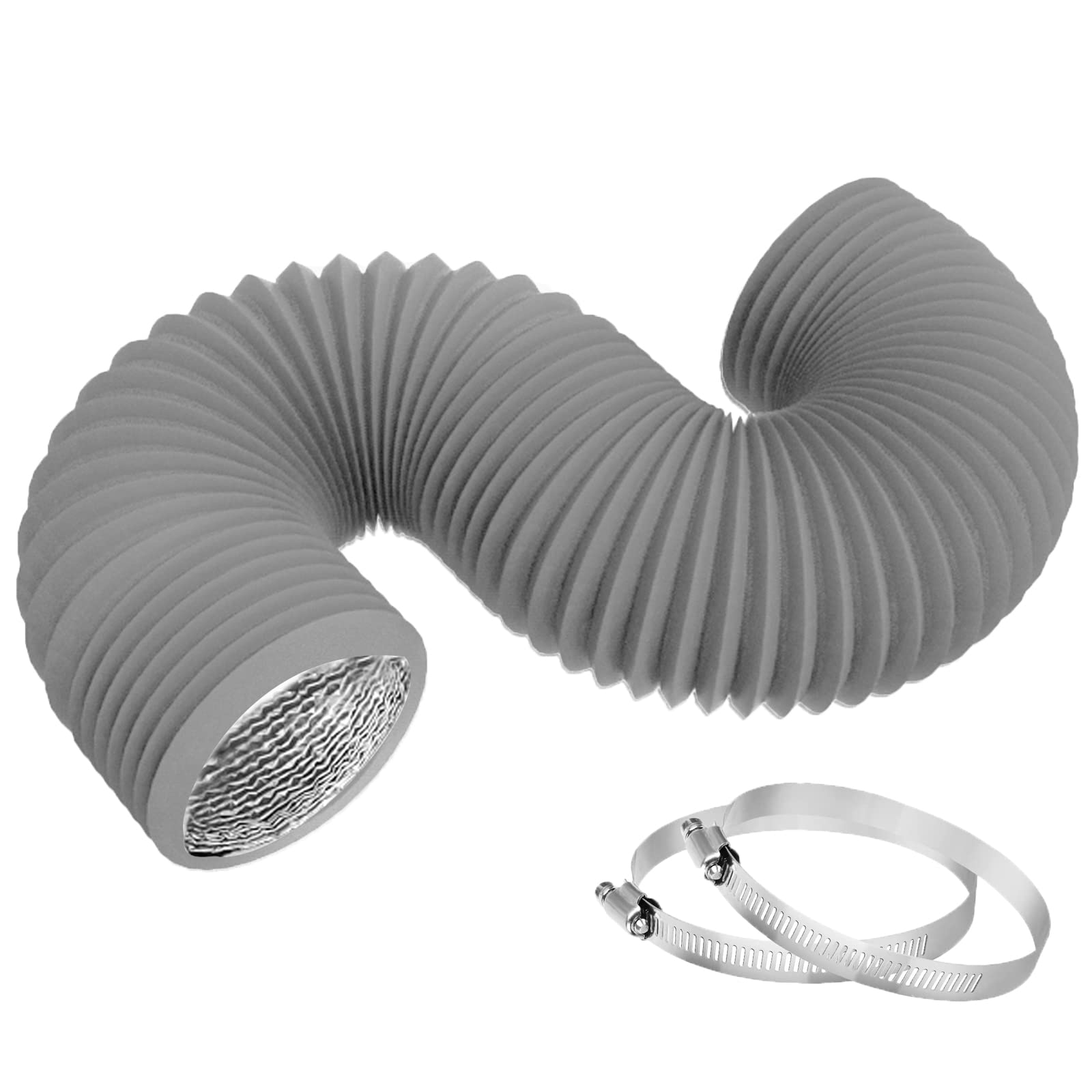 TEAIERXY 4 Zoll 8FT Trocknerabluftschlauch, flexibler isolierter Luftkanal, Abluftschlauch PVC Aluminiumfolie mit 2 Klemmen für HVAC-Belüftung (Grau)