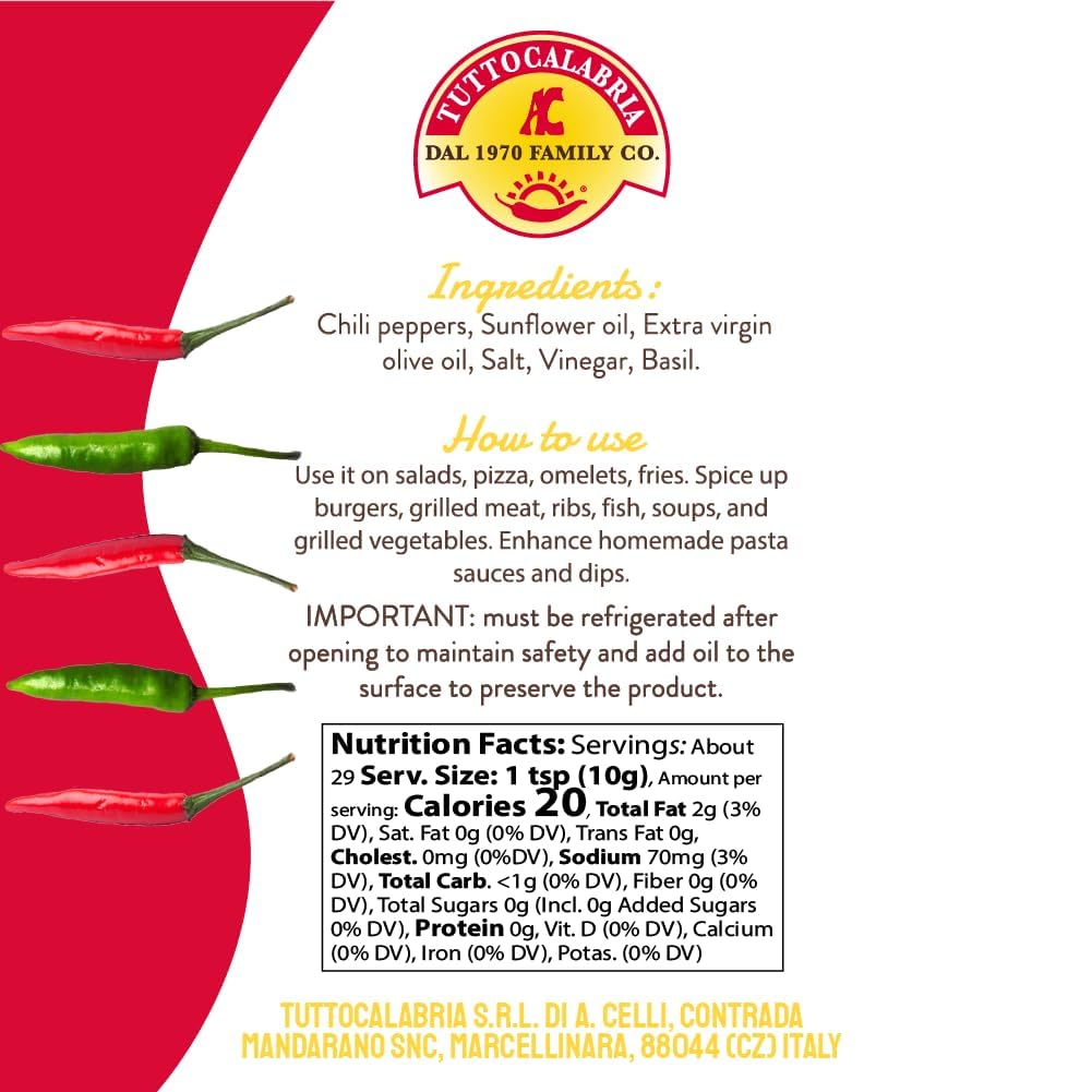 TUTTOCALABRIA Calabrian Chili Pepper Pieces, 10oz (285g), Spicy Condiment with Calabrian Chili Peppers, Extra Virgin Olive Oil, Ideal for Pasta, Pizza, Sandwiches and Fish, Made in Italy
