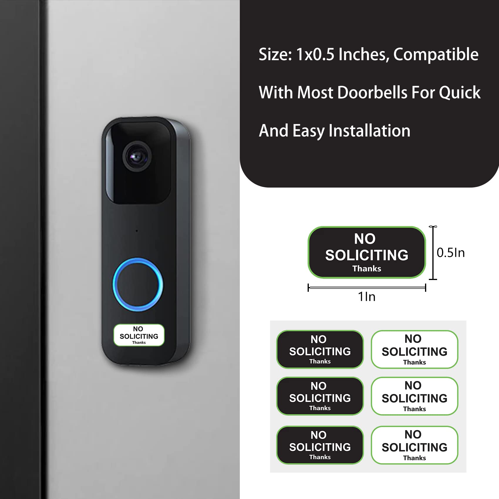 Small No Soliciting Sign for House,1x0.5 Inches Compatible with Most Doorbells,Weatherproof and Sturdy - Easy to Install (3 black and 3 white)