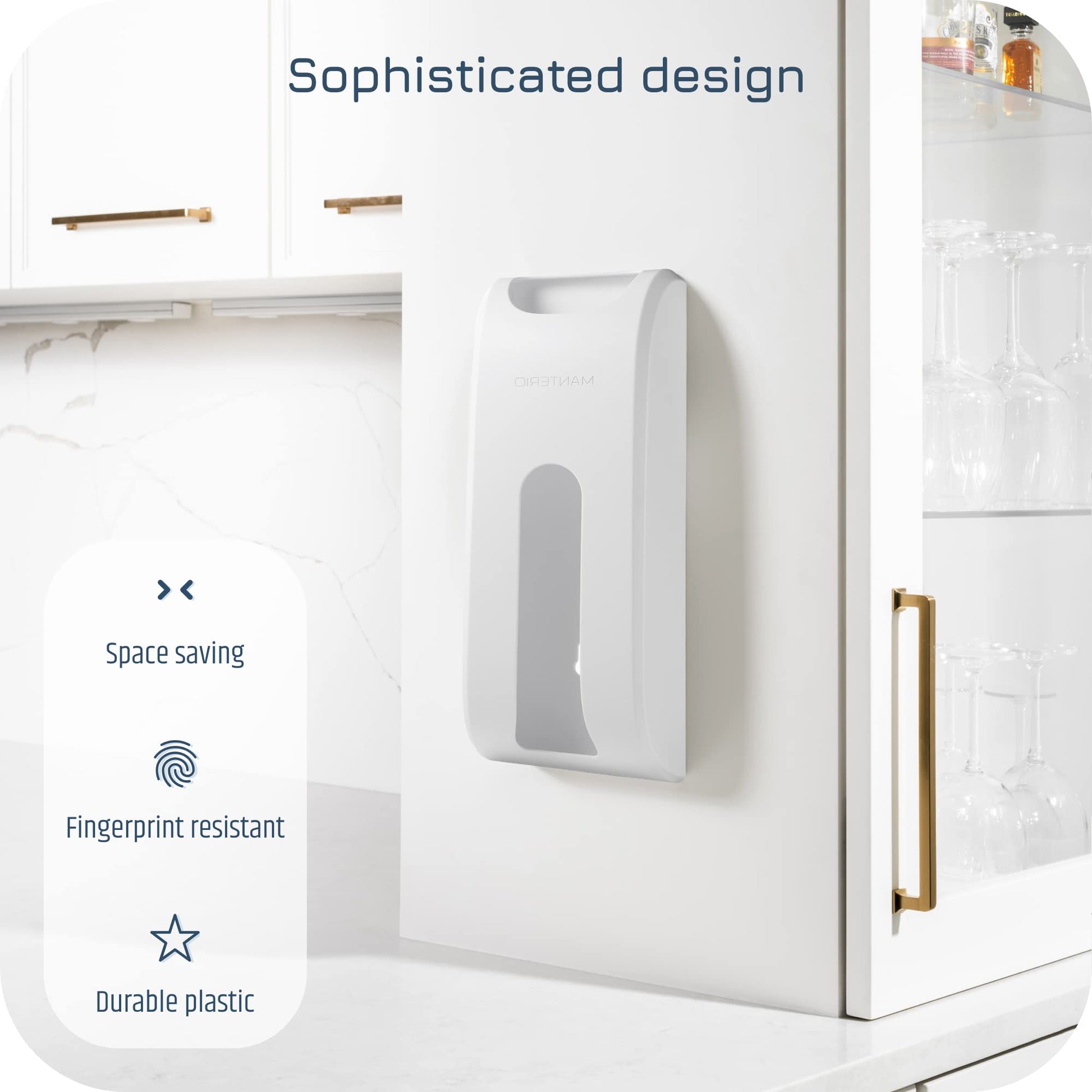 Manterio Wall-Mount Grocery Bag Dispenser | Space-Saving Design | Easy Install | Smudge-Proof, Fingerprint-Resistant | White | Holds Most Bags for Maximum Storage