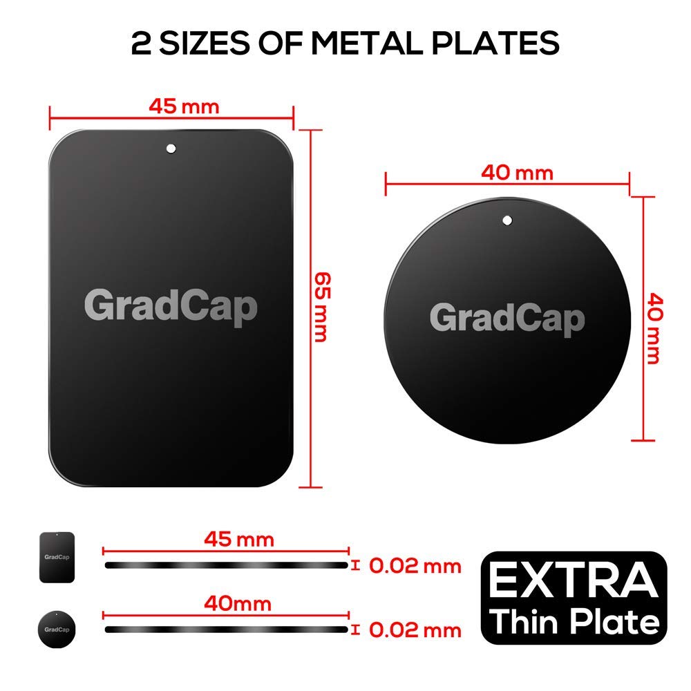GradCap Metal Plate for Magnetic Phone Mount - 4 Packs Universal Ultra Thin Black Metal Disc w/Strong 3M Adhesive Sticker - Replacement Accessory Kit - 2 Rectangle (1.75"x2.5") & 2 Round (1.5"x1.5")