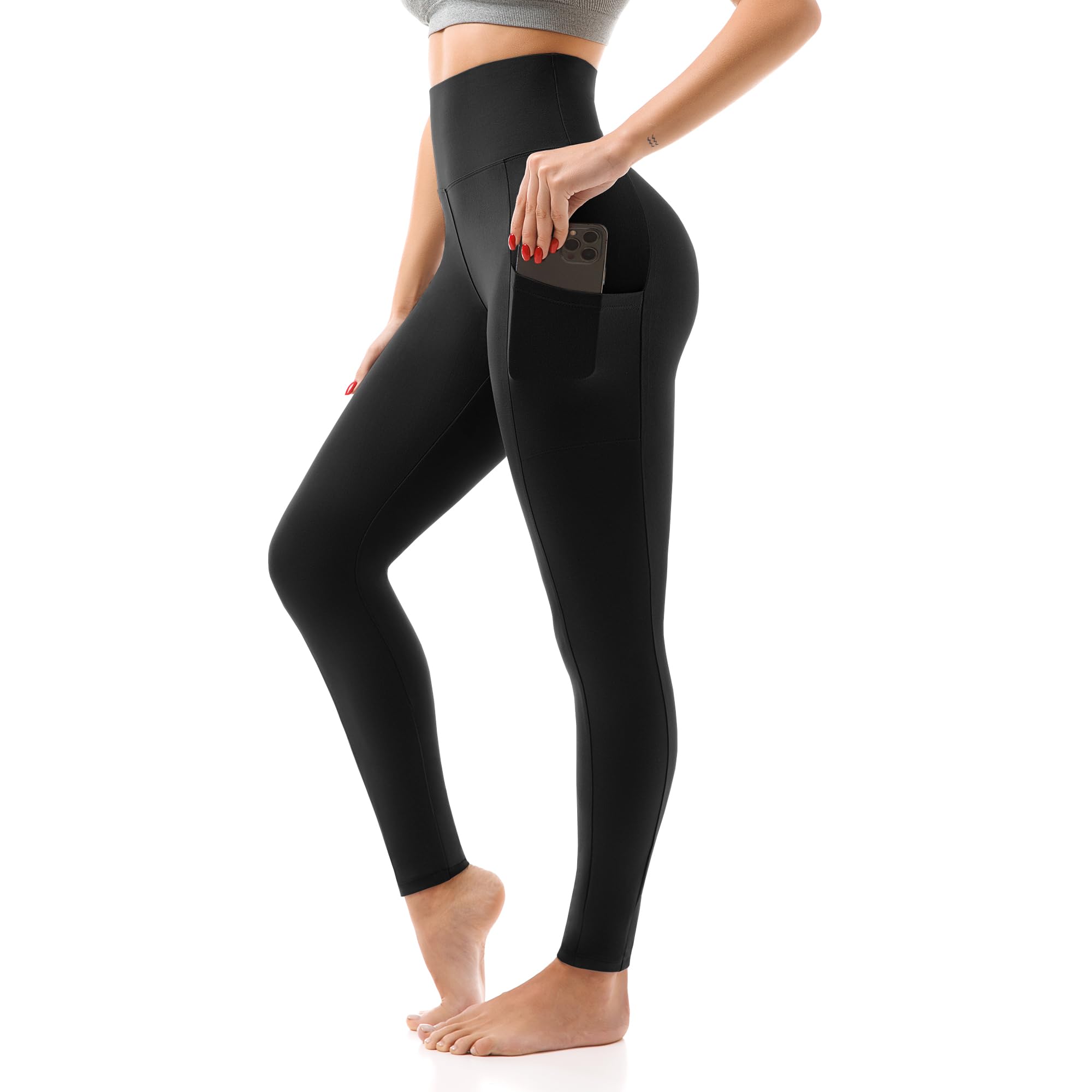 SINOPHANT High Waisted Leggings mit Taschen Damen, Lange Capri Butterweiche Dehnbare Yogahose (Full Black, L-XL)