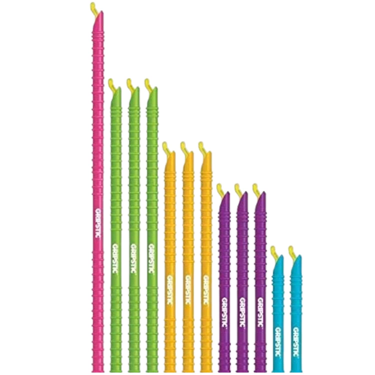 GripStic 12tlg. Sortiment an Beutelclips. Robuste und wiederverwendbare Chip-Clips verschließen Lebensmittelbeutel luftdicht. Das Set beinhaltet: (2) 5" Blau, (3) 7,25" Violett, (3) 8,75" Orange, (3) 11,25" Grün, (1) 13" Pink.