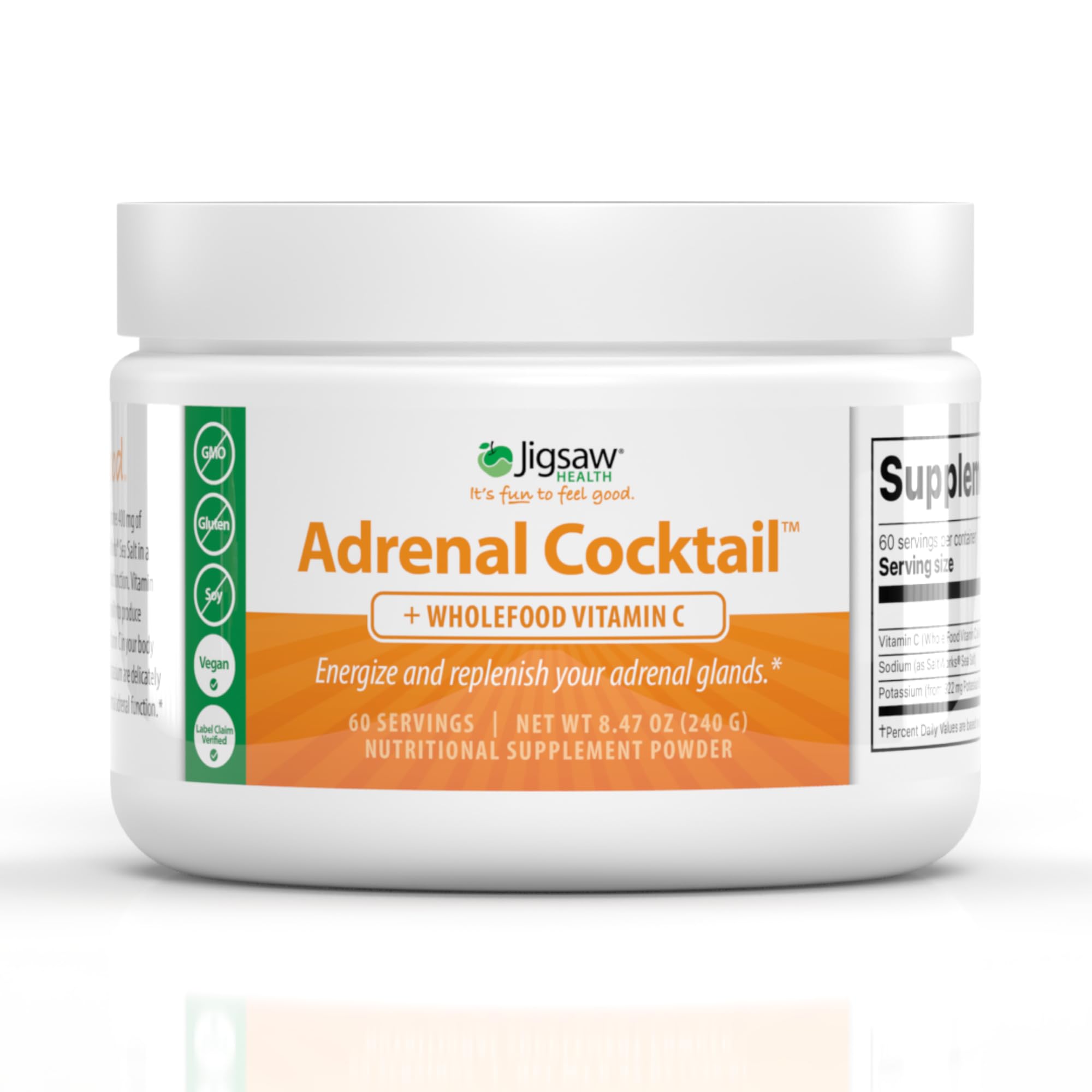 Jigsaw Health Adrenal Cocktail + فيتامين ج من مصادر طبيعية | مع بيكربونات البوتاسيوم وملح البحر وخلاصة الكرز الهندي | 60 حصة (برطمان)