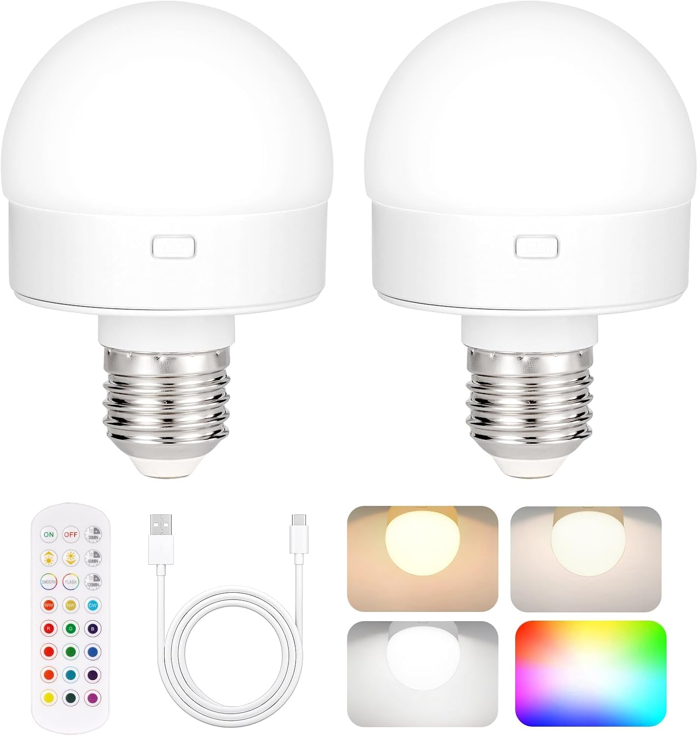 Wiederaufladbare, batteriebetriebene Glühbirne mit Fernbedienung, 2er-Pack, 350 LM, dimmbare, abnehmbare LED-Birne mit 15 wählbaren Farben und 3 Timern, kabellose Puck-Glühbirne für Wandleuchten, nicht fest verdrahtet