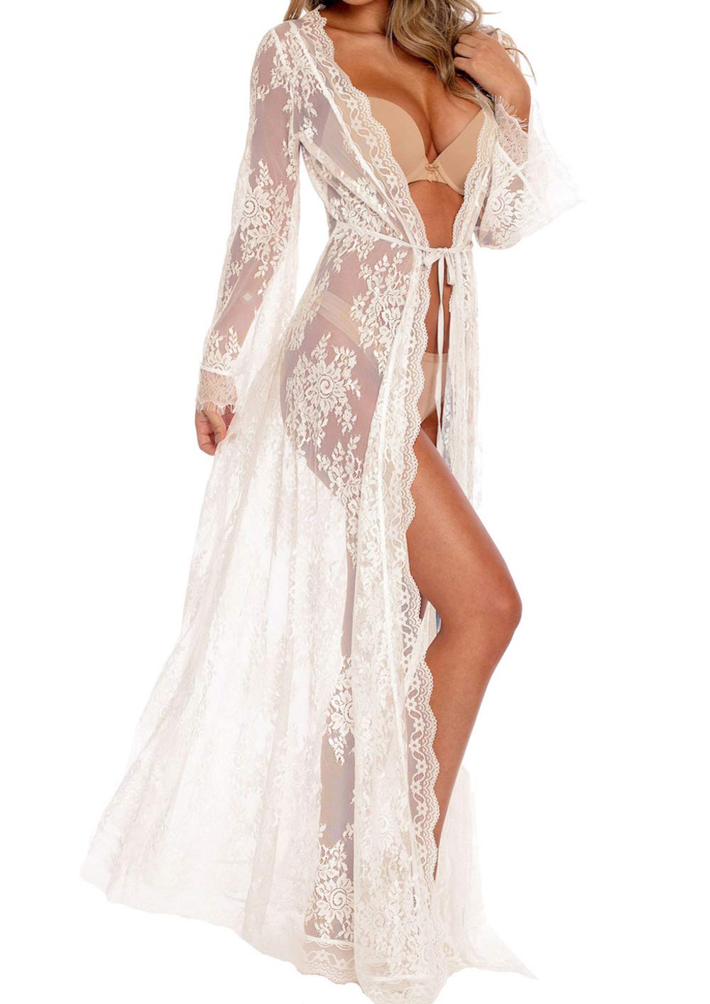 BUTTZO Women Sexy Long Lace Dress Sheer Gown See Through Lingerie Kimono Robe (White, One Size)