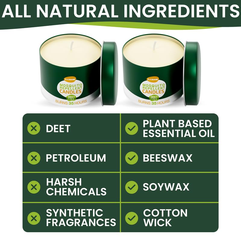 2 Mosquito Candles for Outside. Citronella Candles Outdoor Large. DEET Free with 5 Natural Essential Oils. Insect Fly Bug Candle Repellent Outdoor. Mosquito Repellent Candle Indoor Home Patio Camping