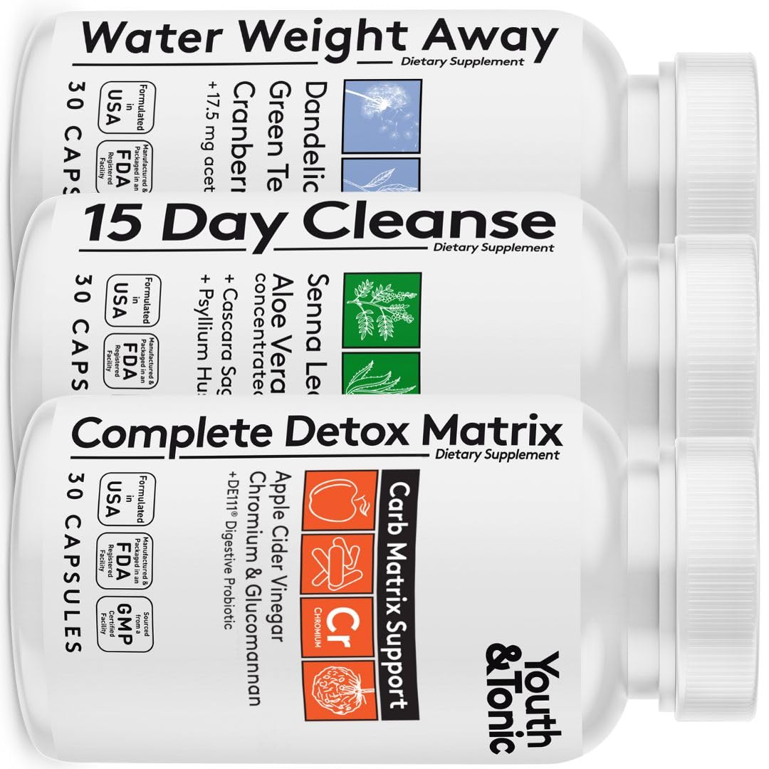3pk Detox Cleanse Kick Off Weight Management | Colon Cleanser + Water Loss Pills w Dandelion + ACV Full Body Detox + Probiotics | for Flat Stomach, Waistline, Metabolism, Bloating - 90 Pills