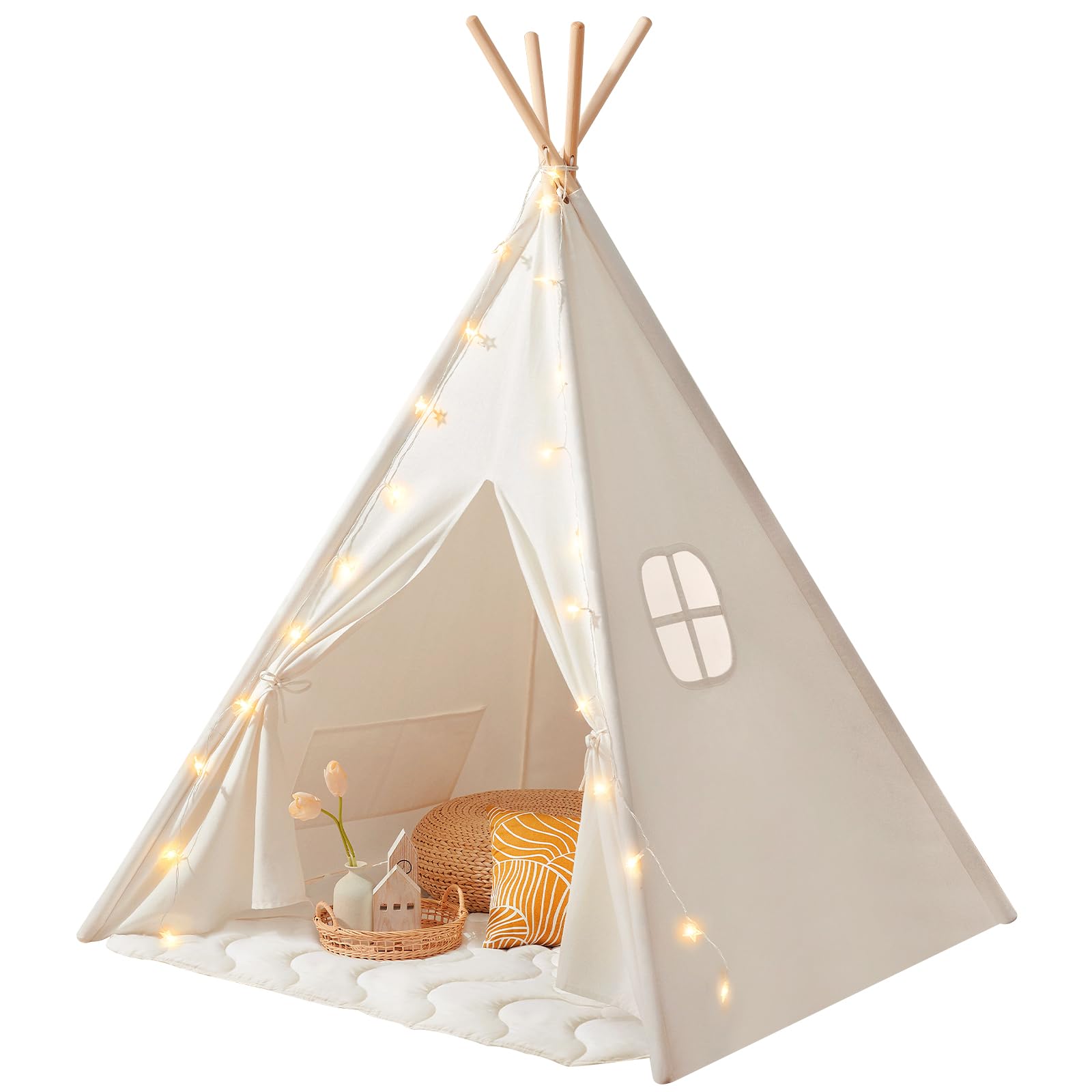 Tiny Land Teepee Tent for Kids - 100% Cotton Play Tent with Padded Mat & Star Lights, Foldable with Carry Bag, Indoor Play Tent for Girls & Boys