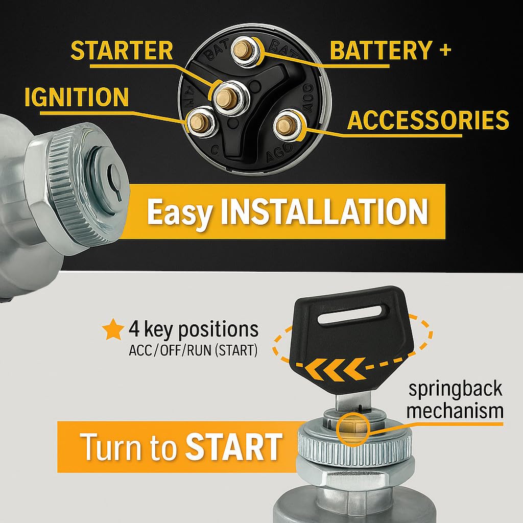 MGI SpeedWare 4-Position Universal Ignition Key Switch for 12V Car, Truck, Tractor, Trailer, Forklift - Acc/Off/IGN/(Start)