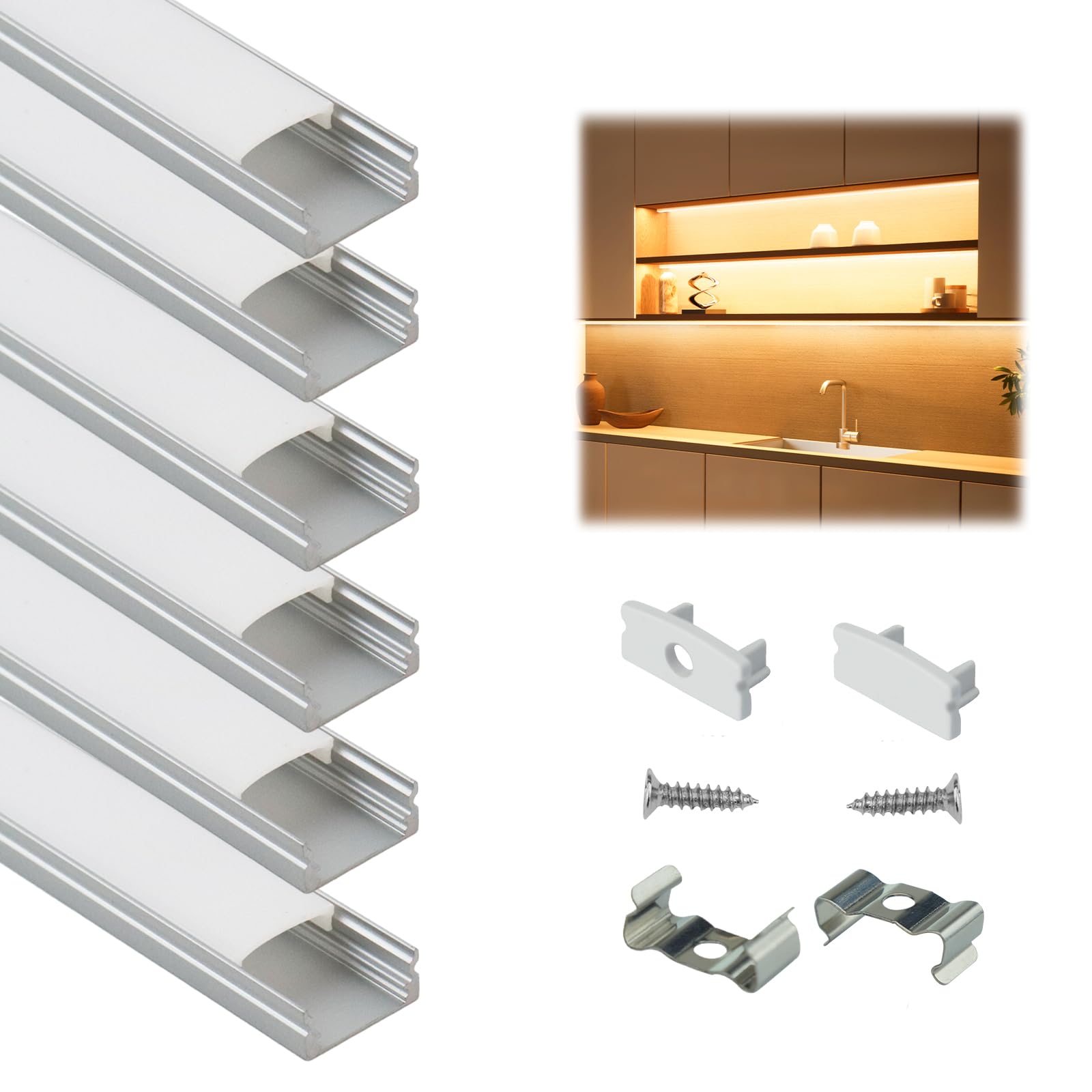Muzata 6er-Pack 3,3FT/1M LED-Kanal aus Aluminium, U-Form, Silber, LED-Streifen-Diffusor-Kanal mit milchig-weißer Abdeckung, einfache Installation U1SW WW 1M