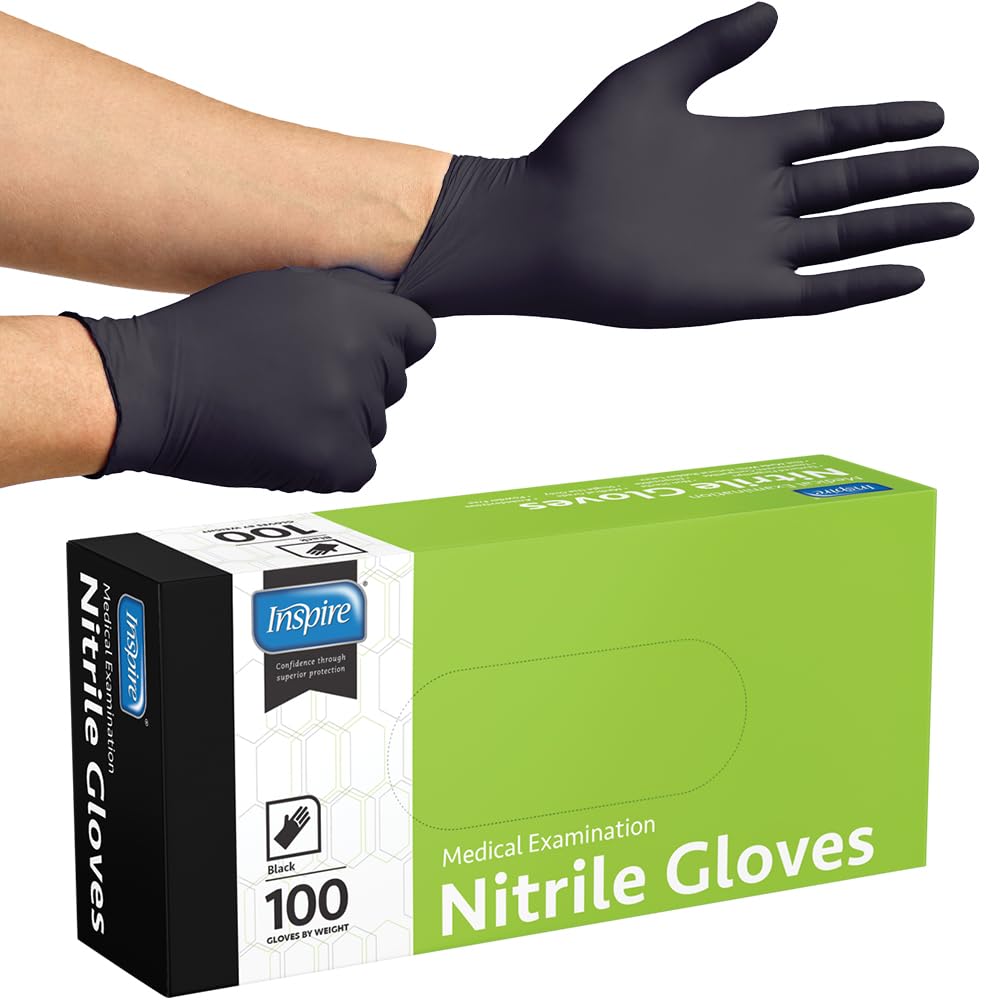Inspire Schwarze Nitril-Einweghandschuhe | 4,5 Nitril Medizinische Untersuchung Kochreinigung Einweg-Schwarz-Handschuhe (Schachtel mit 100 Stück, Medium)