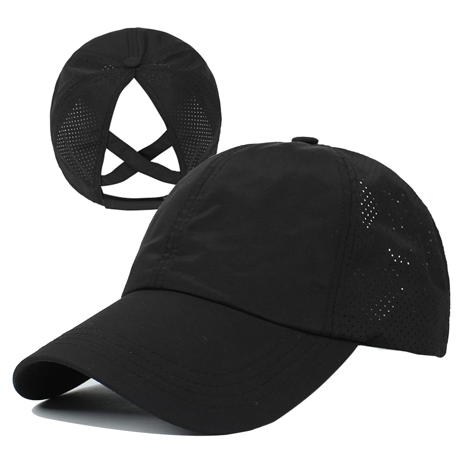 HGGE Womens Criss Cross Ponytail Baseball Cap Adjustable High Messy Bun Trucker Hats Quick Drying Mesh Dad Ponycap for Outdoor Sports Travel Black
