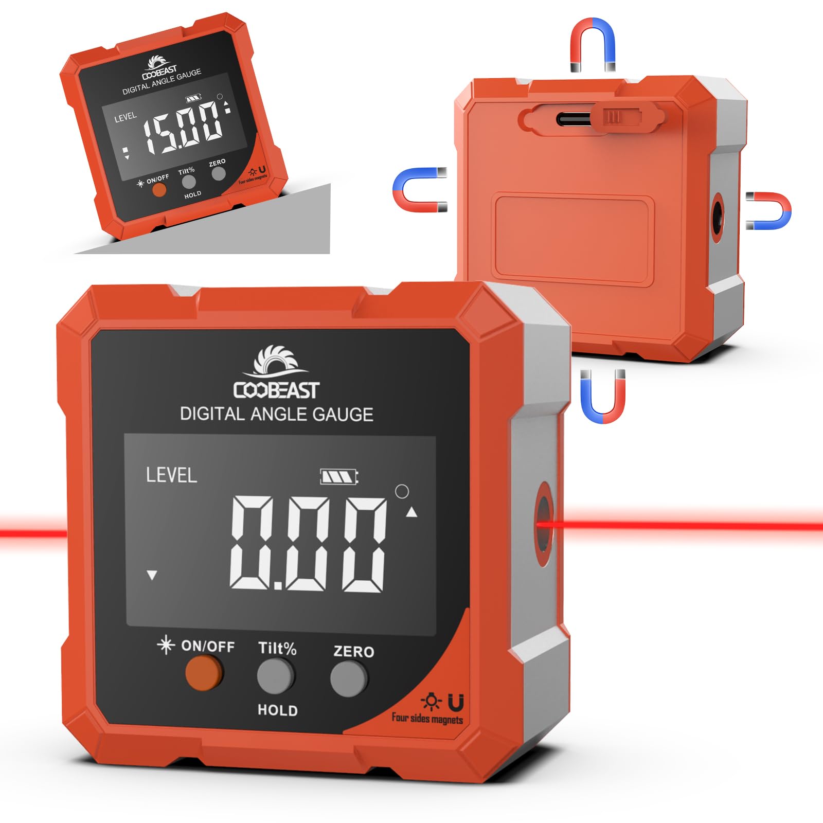 Coobeast Digitaler Winkelmesser magnetisch, wiederaufladbarer digitaler Neigungsmesser, Mini-Winkelmesser-Messwerkzeug für Holzbearbeitungs-Tischsägen (Laserklasse II, Ausgang <5 mW), Geschenk für Männer