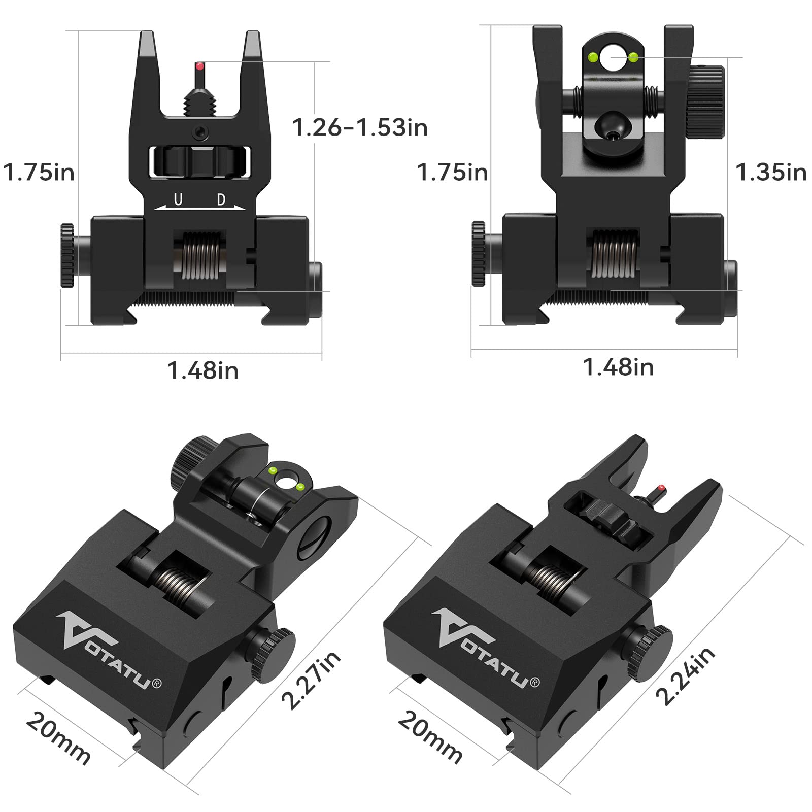 VOTATU V2 Fiber Optic Iron Sights, Flip Up Front and Rear Backup Sights with Green Red Dots, Adjustable Front Sight Rapid Transition