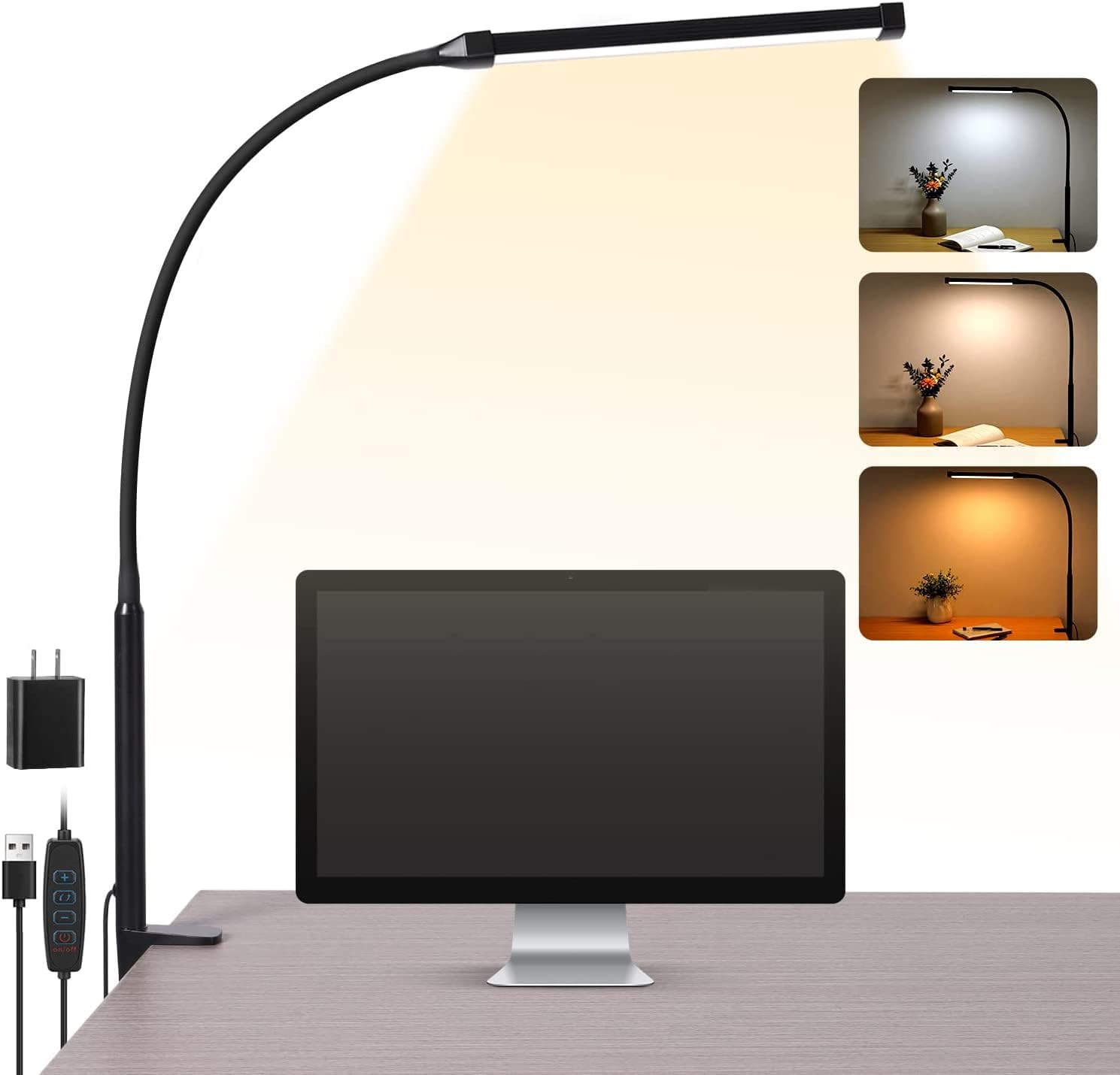 Voncerus LED-Schreibtischlampe mit Klemme, augenschonende Klemmleuchte für das Homeoffice, 3 Modi, 10 Helligkeitsstufen, langer flexibler Schwanenhals, Metall, Schwingarm-Architekten-Tischleuchte mit USB-Adapter, Schwarz