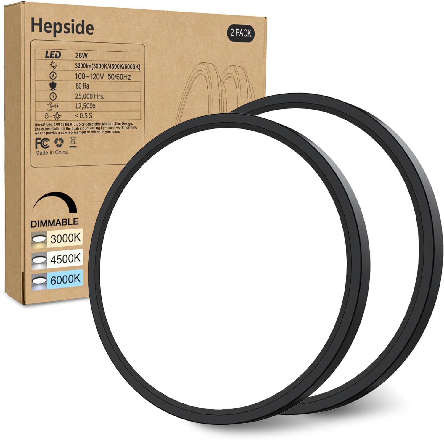 2ER-PACK Deckenleuchte LED Schwarz, 12 Zoll 28 Watt, Dimmbar & 3000K-4500K-6000K 3 Farbtemperaturen wählbar, 3200LM Flache Deckenlampe für Küche Schlafzimmer Flur Veranda