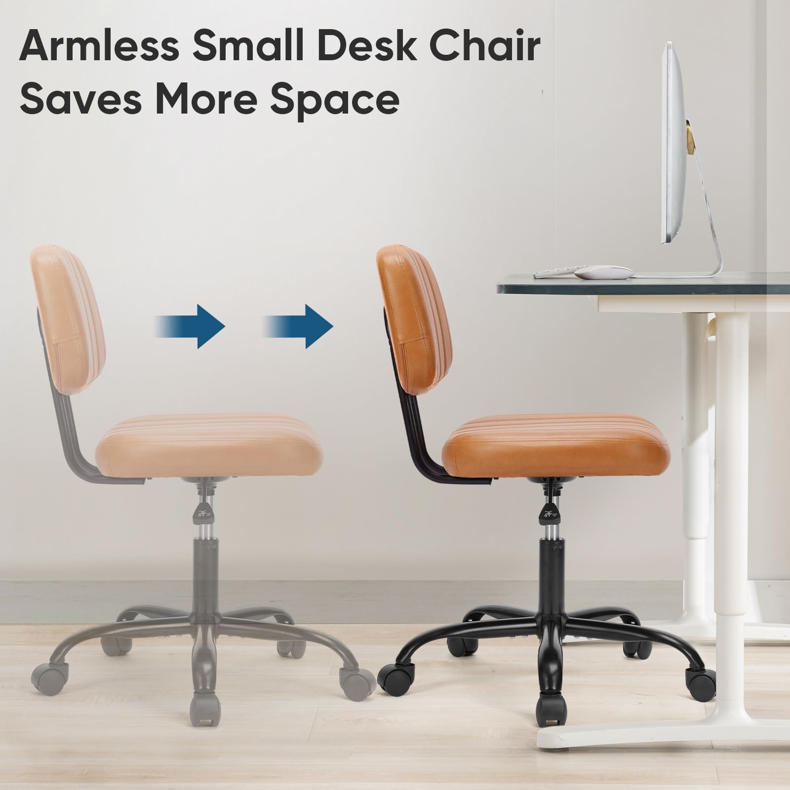 DUMOS Armless Home Office Desk Chair -Small Ergonomic with Low Back Lumbar Support, Height Adjustable PU Leather Computer Task with 360° Swivel Rolling Wheels, for Small Space, Brown