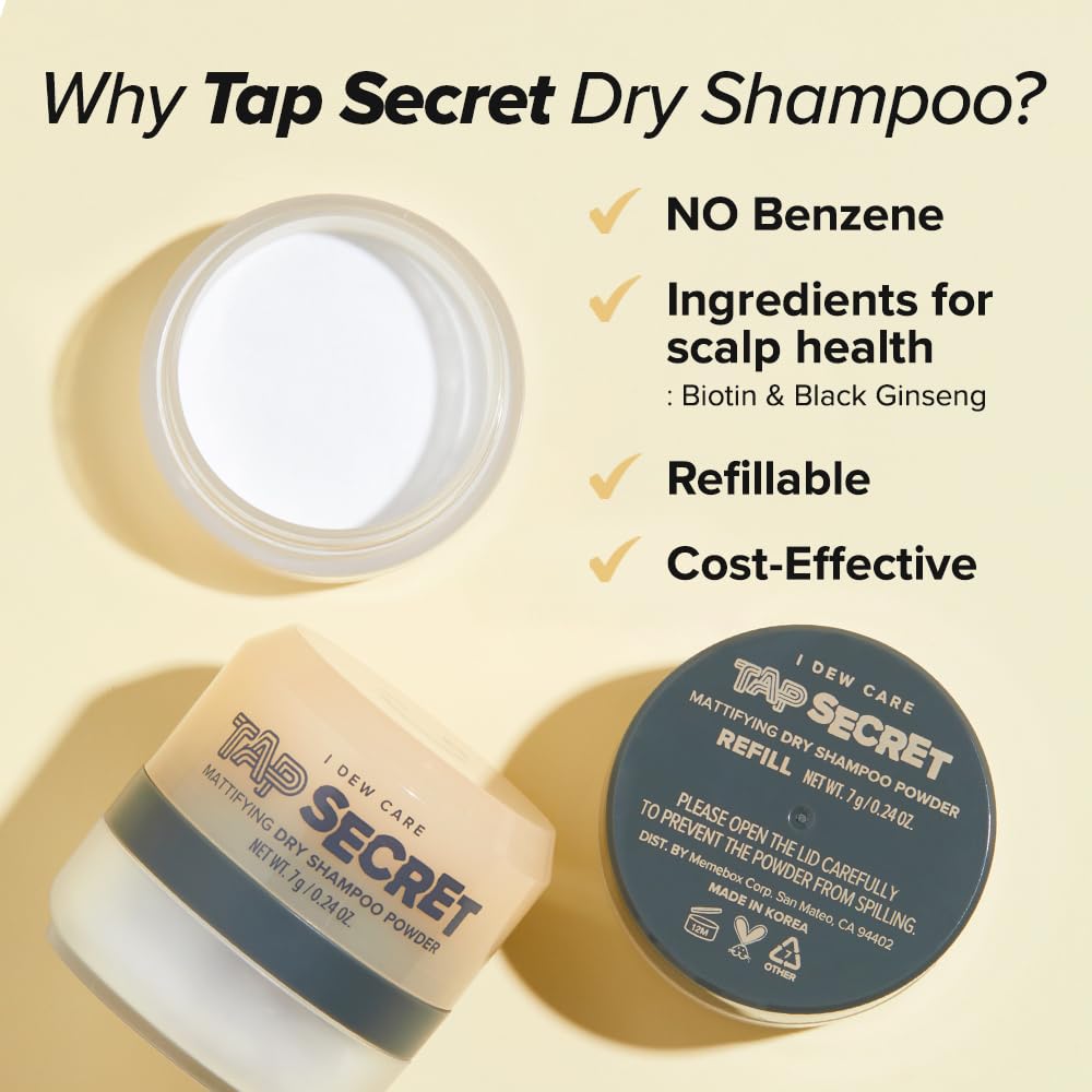 I DEW CARE Tap Secret Dry Shampoo Powder with Biotin - Tap Secret Original | Strengthening & Volumizing, Refillable, Travel size, Non-aerosol, Brunette, Korean Ginseng, Dry Shampoo for Women, 0.24 Oz
