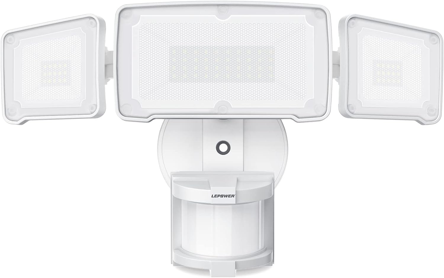 LEPOWER LED-Sicherheitsleuchte mit Bewegungsmelder, 38W 4200LM, 5500K, IP65 Wasserdicht, 3-Kopf-Flutlicht für Garage, Hof, Veranda (Weiß)