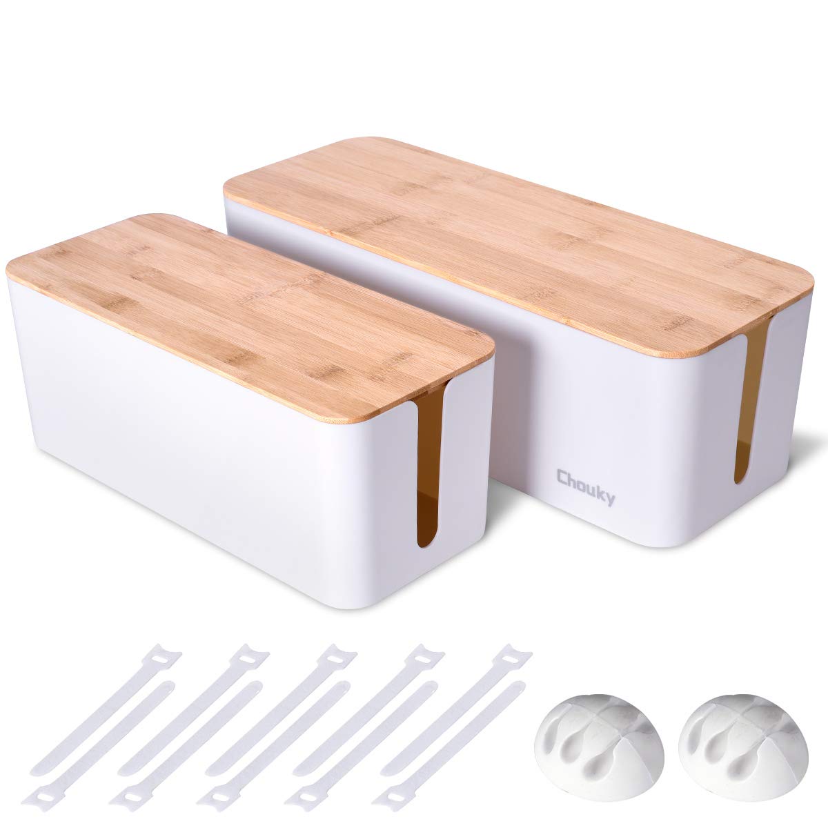 2 Pack Large Cable Management Box - Wooden Style Cord Organizer and Cover for TV Wires, Computer, Router, USB Hub and Under Desk Power Strip - Safe ABS Material and Baby-Pets Proof Lock (White)