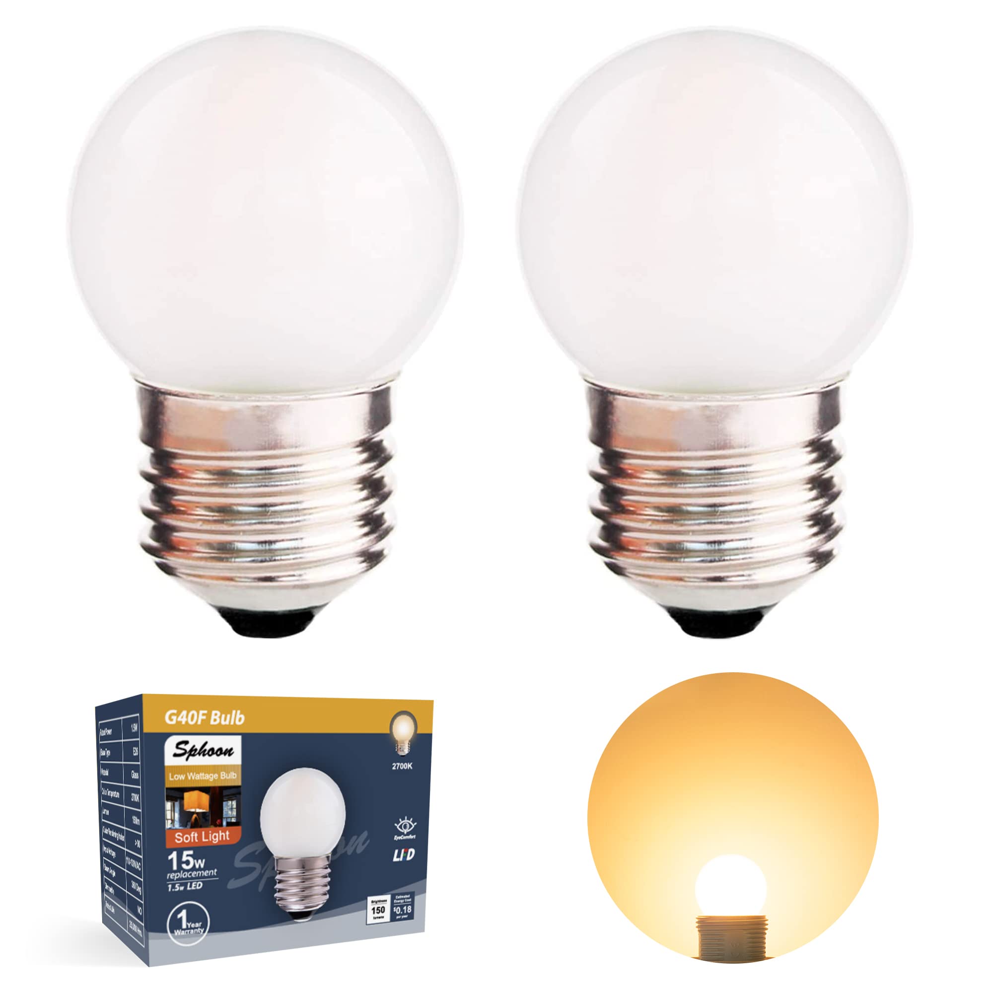 Sphoon G40 1.5W Low-Wattage-LED-Birne, entspricht 15 Watt, Standard E26 Sockel G14 Kleine Energiesparlampe, Matt, Warmweiß 2700K, CRI 90+, 150lm, 2er-Pack