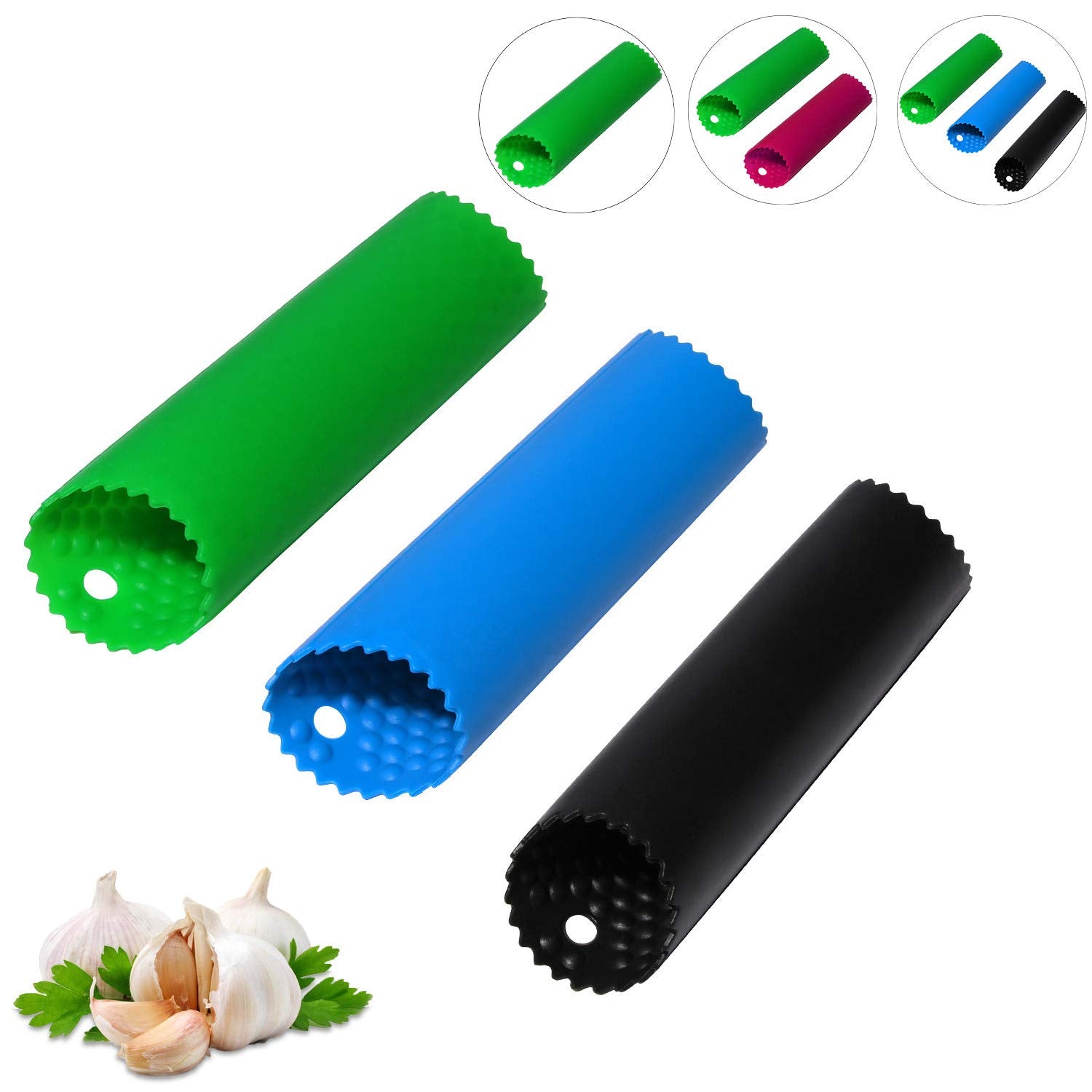 Sinnsally Knoblauchschäler Hautentferner Rollenhalter, einfaches schnelles Schälen von Knoblauchzehen mit Silikonschlauchrolle Knoblauchschälwerkzeug (3 Farben)