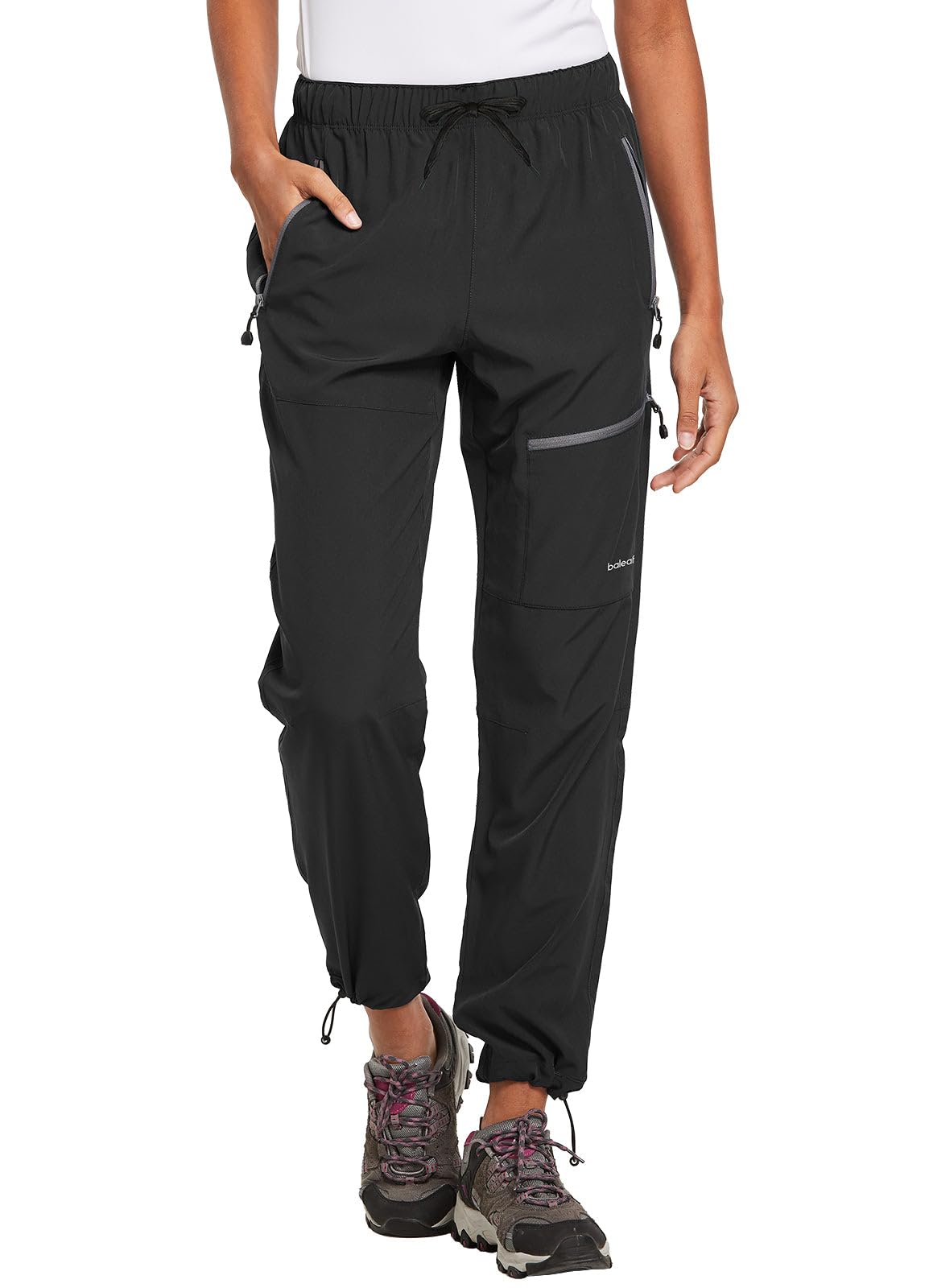 baleaf Damen-Wanderhose schnelltrocknend wasserabweisend leicht Jogginghose für alle Jahreszeiten elastischer Bund Schwarz Größe L