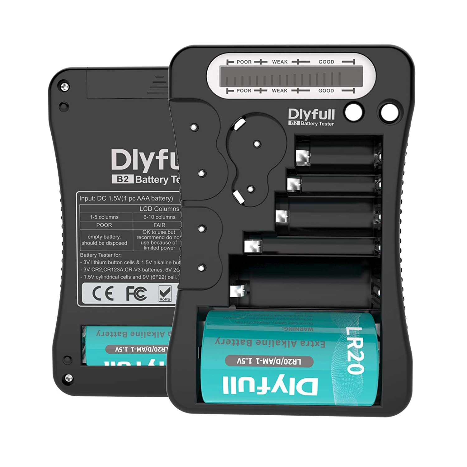 Batterietester, Dlyfull LCD-Display Universal-Batterieprüfer für AA AAA C D 9V CR2032 CR123A CR2 CRV3 2CR5 CRP2 1,5V/3V Knopfzellen, 1x AAA-Batterien enthalten